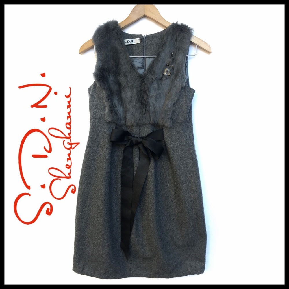 S.D.N. Shenghanni Faux Fur Tweed Dress With Ribbon